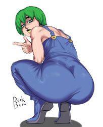 Rule 34 | 1girl, ass, blue eyes, dorkbum, foo fighters (jojo), green hair, highres, jojo no kimyou na bouken, looking at viewer, overalls, pointing, solo, squatting, stone ocean, white background