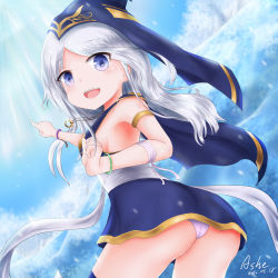 Rule 34 | 1girl, armpits, ashe (league of legends), ass, bad id, bad pixiv id, blue eyes, breasts, cape, character name, dated, day, dress, from behind, hat, kinom (sculpturesky), league of legends, long hair, looking back, panties, pointing, sideboob, silver hair, sky, small breasts, smile, solo, thighhighs, underwear