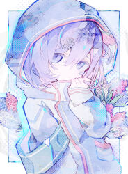 Rule 34 | 1girl, absurdres, adjusting collar, arm at side, armband, blue armband, blue flower, blue jacket, border, bouquet, closed mouth, commentary request, flower, hair between eyes, hair ornament, hairclip, hand up, high collar, highres, hood, hood up, hooded jacket, hyacinth, jacket, long sleeves, looking at viewer, original, outside border, pink flower, pocket, purple eyes, purple hair, sleeves past wrists, solo, soresaki, upper body, white border, white flower