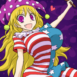 Rule 34 | 1girl, @ @, blonde hair, breasts, clownpiece, crazy eyes, fang, female focus, grin, hat, heart, huge breasts, jester cap, large breasts, long hair, looking at viewer, oro (zetsubou girl), pantyhose, purple eyes, smile, solo, touhou, wide hips