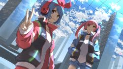 Rule 34 | 2girls, alternate costume, blue bow, blue eyes, blue hair, bow, choker, city, cityscape, grin, hair bow, hairband, headphones, jacket, long hair, looking at viewer, multiple girls, omega ray, omega rio, omega sisters, omega symbol, open clothes, open jacket, outdoors, pink hair, ribbon, shirt, short hair, shorts, siblings, sisters, smile, standing, twintails, umiroku, v, virtual youtuber, yellow eyes