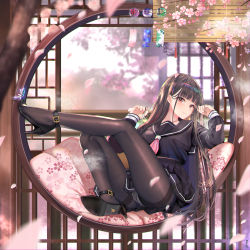 Rule 34 | 1girl, architecture, ass, black footwear, black hair, black pantyhose, black sailor collar, black serafuku, black skirt, blunt bangs, blurry, brown eyes, cherry blossoms, closed mouth, crop top, crotch seam, day, depth of field, east asian architecture, elbow rest, fine fabric emphasis, fingernails, flower, full body, hair ornament, hairclip, high heels, highres, indoors, knees up, leaning back, legs, long hair, long sleeves, looking at viewer, midriff peek, miniskirt, muka tsuku, nail polish, neckerchief, original, panties, panties under pantyhose, pantyhose, pantyshot, petals, pillow, pleated skirt, revision, round window, sailor collar, school uniform, serafuku, shoe soles, shoes, sitting, skirt, smile, solo, strappy heels, thighband pantyhose, underwear, white panties, wind chime, window