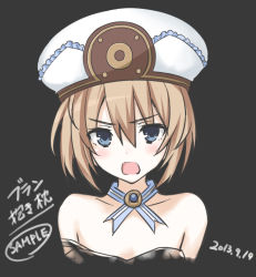 Rule 34 | 10s, 1girl, 2013, bad id, bad pixiv id, bare shoulders, black background, blanc (neptunia), blue eyes, blush, brown hair, character name, collarbone, dated, english text, frilled hat, frills, hair between eyes, hat, miyane aki (radical dash), neck ribbon, neptune (series), open mouth, ribbon, short hair, solo, text focus