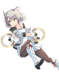 Rule 34 | 1girl, absurdres, animal ears, camisole, cat ears, cat girl, chakram, chest jewel, highres, jacket, mio (xenoblade), revvie, shoulder strap, simple background, solo, tank top, weapon, white background, white camisole, white jacket, white tank top, xenoblade chronicles (series), xenoblade chronicles 3