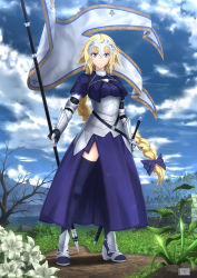 Rule 34 | 1girl, absurdres, armor, bare tree, blonde hair, blue bow, blue sky, bow, chain, cloud, day, dirt road, expressionless, fate/apocrypha, fate (series), fleur-de-lis, flower, flower request, full body, grass, headphones, highres, jeanne d&#039;arc (fate), jeanne d&#039;arc (ruler) (fate), lily (flower), long braid, long hair, outdoors, path, purple eyes, road, ruins, satyarizqy, sky, solo, standard bearer, standing, sword, thighhighs, thighs, tree, very long hair, weapon