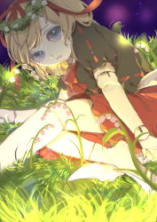 Rule 34 | 1girl, absurdres, arm support, blonde hair, blue eyes, bow, brown shirt, doll, doll joints, flower, flower wreath, frilled sleeves, frills, glowing, grass, hair ribbon, head tilt, highres, joints, leaning to the side, light particles, lily of the valley, looking at viewer, meadow, medicine melancholy, nameless hill, on grass, on ground, parted lips, poison, puffy short sleeves, puffy sleeves, purple sky, red neckwear, red ribbon, red skirt, ribbon, ribbon-trimmed sleeves, ribbon trim, sash, shirt, short hair, short sleeves, sitting, skirt, sky, slouching, solo, swept bangs, touhou, white bow, white flower, white sash, yamazaki tsukune
