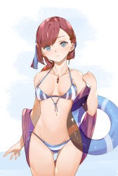 Rule 34 | 1girl, bikini, blue background, blue eyes, breasts, collarbone, commentary request, cowboy shot, gluteal fold, innertube, jewelry, long hair, looking at viewer, majocc (dusty051), navel, necklace, original, purple towel, red hair, side-tie bikini bottom, small breasts, solo, striped bikini, striped clothes, swim ring, swimsuit, thigh gap, two-tone background, white background