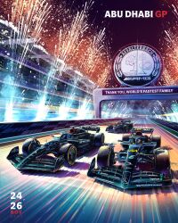 Rule 34 | 3boys, absurdres, andrew mytro, car, commentary, english commentary, fireworks, formula one, formula racer, george russell, helmet, highres, lewis hamilton, logo, mercedes-amg f1 w14, mick schumacher, motion blur, motor vehicle, multiple boys, night, official art, race vehicle, racecar, racetrack, racing, real life, spoiler (automobile), vehicle focus, yas marina circuit