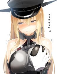 Rule 34 | ..., 1girl, arm warmers, bare shoulders, bismarck (kancolle), black hat, black shirt, blonde hair, blue eyes, breasts, closed mouth, collarbone, commentary request, frown, gloves, grabbing, grabbing another&#039;s breast, halterneck, hat, kantai collection, large breasts, long hair, looking away, looking to the side, meth (emethmeth), military hat, motion lines, peaked cap, shirt, simple background, sleeveless, sleeveless shirt, solo, solo focus, upper body, white background, white gloves