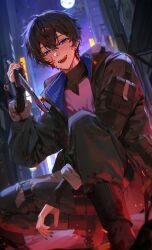 Rule 34 | 1boy, absurdres, black hair, black jacket, black pants, blood, blood on clothes, blood on face, bloody knife, blue eyes, earrings, highres, holding, holding knife, holding weapon, indie virtual youtuber, jacket, jewelry, knife, long sleeves, male focus, open clothes, open jacket, pants, shoto (vtuber), smile, teeth, upper teeth only, virtual youtuber, weapon, ye jji