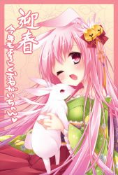 Rule 34 | animal, animal ears, rabbit, japanese clothes, kimono, long hair, original, pink eyes, pink hair, rabbit ears, ribbon, sagami rin, solo