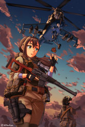 Rule 34 | 1girl, ahoge, aircraft, assault rifle, blurry, brown hair, bug, butterfly, cloud, depth of field, fingerless gloves, freckles, from below, gloves, green eyes, gun, handgun, helicopter, helmet, highres, holster, insect, load bearing equipment, load bearing vest, long hair, low-tied long hair, mask, mi-24, military, military uniform, monarch butterfly, ndtwofives, original, pistol, rifle, rocket launcher, rocket pod, rpg (weapon), shirt, silhouette, ski mask, sky, sleeves rolled up, sniper rifle, soldier, star (sky), striped clothes, striped shirt, sunset, telnyashka, thigh holster, trigger discipline, twitter username, ub-32 (rocket pod), uniform, weapon