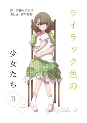 Rule 34 | 1girl, bandaged arm, bandages, blush, brown eyes, brown hair, character request, commentary request, copyright request, cover, cover page, dress, frilled dress, frills, full body, green dress, highres, kagawa yuusaku, medium hair, mushroom, hugging object, on chair, parted lips, pink footwear, plaid, plaid dress, puffy short sleeves, puffy sleeves, shoes, short sleeves, sideways glance, simple background, sitting, socks, solo, stuffed animal, stuffed seal, stuffed toy, translated, white background, white socks
