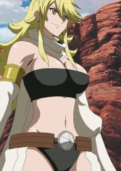 Rule 34 | 10s, 1girl, akame ga kill!, blonde hair, breasts, cleavage, cloud, female focus, highres, large breasts, leone (akame ga kill!), long hair, navel, screencap, solo, standing, stitched, third-party edit, yellow eyes