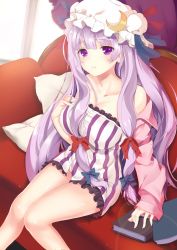 Rule 34 | 1girl, absurdres, bad id, bad pixiv id, bare shoulders, blush, book, bow, breasts, couch, crescent, frills, hat, highres, large breasts, legs, lens flare, long hair, off shoulder, patchouli knowledge, pillow, purple eyes, purple hair, red upholstery, sitting, solo, striped, tori (king8162635), touhou, vertical stripes