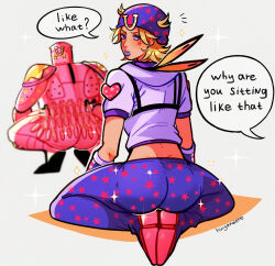 Rule 34 | + +, 1boy, 1other, absurdres, artist name, ass, blonde hair, blue eyes, blue hat, broly culo (meme), commentary, english commentary, english text, feathers, hat, heart, highres, hood, hoodie, horseshoe, huyandere, johnny joestar, jojo no kimyou na bouken, male focus, meme, pants, signature, sitting, sparkle, squatting, star (symbol), star print, steel ball run, tight clothes, tight pants, tusk (stand), tusk act4, white hoodie