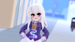 Rule 34 | 1girl, 3d, blush, child, cup, dress, drinking, fate/stay night, fate (series), female focus, fingerless gloves, gloves, gs-mantis, hands on own hips, highres, illyasviel von einzbern, lips, long hair, looking at viewer, meme, open mouth, outdoors, red eyes, shadow, skirt, solo, tongue, white hair