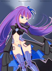 Rule 34 | 1girl, armor, black jacket, blue eyes, boots, breasts, drantyno, fate/extra, fate/extra ccc, fate (series), grey background, hair ribbon, highres, jacket, long hair, long sleeves, maebari, meltryllis (fate), armored boots, navel, purple hair, ribbon, sleeves past wrists, small breasts, smile, standing, thigh boots