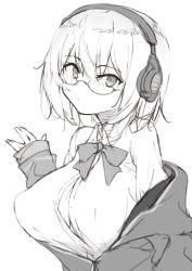 Rule 34 | 1girl, 7gao, absurdres, bow, breasts, closed mouth, collared shirt, dress shirt, glasses, greyscale, gridman universe, hair between eyes, hand up, headphones, highres, hood, hood down, hooded jacket, jacket, large breasts, long sleeves, looking at viewer, monochrome, off shoulder, open clothes, open jacket, semi-rimless eyewear, shinjou akane, shirt, simple background, sketch, sleeves past wrists, solo, ssss.gridman, under-rim eyewear, upper body, white background