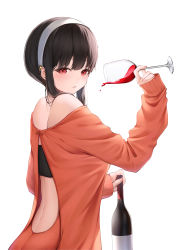 Rule 34 | 1girl, absurdres, back, backless outfit, bad id, bad pixiv id, bare shoulders, black hair, blush, bottle, cup, dress, drinking glass, from side, hairband, hand up, highres, holding, holding bottle, holding cup, long hair, looking at viewer, looking to the side, off-shoulder sweater, off shoulder, parted lips, red eyes, red sweater, sidelocks, sido (ama r007), simple background, solo, spilling, spy x family, sweater, sweater dress, white background, white hairband, wine bottle, wine glass, yor briar