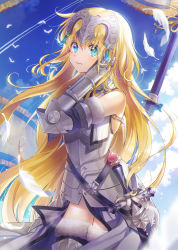 Rule 34 | 1girl, absurdres, animal, armor, armored boots, armored dress, bad id, bad pixiv id, bare shoulders, bird, blonde hair, blue eyes, blue sky, blurry, boots, closed mouth, cloud, contrail, cowboy shot, day, depth of field, fate/grand order, fate (series), feathers, floating hair, flock, fur trim, gauntlets, glint, hand on own cheek, hand on own face, hand up, headgear, highres, jeanne d&#039;arc (fate), jeanne d&#039;arc (ruler) (fate), jeanne d&#039;arc (third ascension) (fate), long hair, looking at viewer, outdoors, sheath, sheathed, sky, smile, solo, standing, sword, thighhighs, unjem, very long hair, weapon