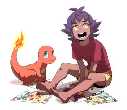 Rule 34 | 1boy, aged down, barefoot, charmander, child&#039;s drawing, commentary request, creatures (company), dark-skinned male, dark skin, eyelashes, fire, flame-tipped tail, game freak, gen 1 pokemon, highres, knees, korean commentary, leon (pokemon), male focus, medium hair, missing tooth, nintendo, open mouth, pokemon, pokemon (creature), pokemon swsh, purple hair, red shirt, redlhzz, shirt, short sleeves, shorts, sitting, smile, soles, t-shirt, teeth, toes, yellow eyes, yellow shorts
