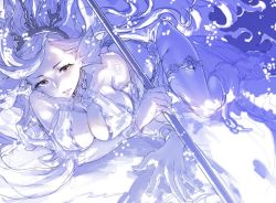 Rule 34 | bare shoulders, blue eyes, breasts, cleavage, fins, granblue fantasy, head fins, large breasts, long hair, looking at viewer, monochrome, polearm, purple hair, sketch, solo, thigh strap, tiara, underwater, varuna (granblue fantasy), very long hair, weapon, zunta