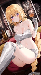 Rule 34 | 1girl, alcohol, bandeau, bare shoulders, blonde hair, blush, bottle, braid, braided ponytail, breasts, choker, cleavage, collarbone, commission, cup, drinking glass, earrings, fate/apocrypha, fate (series), gloves, highres, jeanne d&#039;arc (fate), jeanne d&#039;arc (ruler) (fate), jewelry, kinona, large breasts, long braid, long hair, looking at viewer, navel, purple eyes, short shorts, shorts, single braid, sitting, skeb commission, smile, solo, thighhighs, thighs, very long hair, white gloves, white shorts, white thighhighs, wine, wine bottle, wine glass