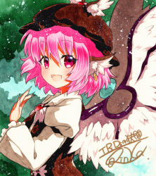 Rule 34 | 1girl, :d, animal ears, arm garter, bad id, bad pixiv id, brown hat, earrings, feathered wings, fingernails, frilled sleeves, frills, from side, hat, jewelry, long fingernails, long sleeves, mystia lorelei, open mouth, pink eyes, pink hair, puffy long sleeves, puffy sleeves, qqqrinkappp, shikishi, short hair, signature, smile, solo, touhou, traditional media, white wings, wide sleeves, winged hat, wings