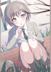 Rule 34 | 1girl, absurdres, bang dream!, bang dream! it&#039;s mygo!!!!!, black socks, blazer, blush, bow, bowtie, breasts, brown eyes, collared shirt, commentary request, diagonal-striped bow, diagonal-striped bowtie, diagonal-striped clothes, green necktie, grey hair, grey jacket, grey skirt, haneoka school uniform, highres, jacket, letterboxed, long sleeves, medium breasts, necktie, open mouth, outdoors, pleated skirt, sandman (gm4zfijcwbz3g4y), school uniform, shirt, short hair, skirt, socks, solo, squatting, striped clothes, takamatsu (angel beats!), white shirt