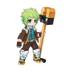 Rule 34 | 1boy, armored boots, ball and chain (weapon), belt, black footwear, blue eyes, blue shirt, boots, brown belt, brown gloves, brown jacket, brown pants, chain, chibi, closed mouth, fingerless gloves, full body, gloves, gold trim, green hair, grin, holding, holding wrench, jacket, kneehighs, long sleeves, looking at viewer, male focus, meister (ragnarok online), official art, open clothes, open jacket, pants, ragnarok online, shirt, short bangs, short hair, simple background, smile, socks, socks over pants, solo, spiked ball and chain, standing, tachi-e, transparent background, v-shaped eyebrows, white socks, wrench, yuichirou