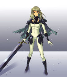 Rule 34 | 1girl, armor, blonde hair, cape, claymore (series), claymore (sword), dietrich, gloves, grey eyes, hachi-wa, long hair, solo, sword, torn clothes, weapon