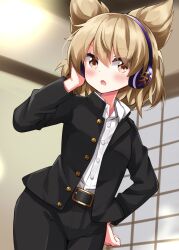 Rule 34 | 1girl, :o, alternate costume, arm up, belt, belt buckle, black belt, black jacket, black pants, blonde hair, blush, brown eyes, buckle, buttons, collared shirt, commentary, cowboy shot, earmuffs, eyes visible through hair, gakuran, hand in own hair, hand on own hip, highres, indoors, jacket, long sleeves, open clothes, open jacket, open mouth, pants, pointy hair, ruu (tksymkw), school uniform, shirt, short hair, solo, split mouth, standing, touhou, toyosatomimi no miko, unbuttoned, white shirt