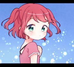 Rule 34 | 1girl, aqua eyes, blue background, commentary request, expressionless, hand on own chest, happy party train, highres, kurosawa ruby, looking at viewer, looking back, love live!, love live! sunshine!!, pink shirt, red hair, shirt, short hair, short sleeves, solo, sparkle, two side up, yashino 84