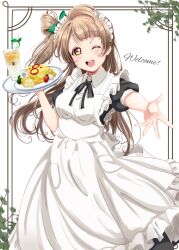 Rule 34 | 1girl, black ribbon, commentary, dress, drink, english text, food, foreshortening, framed, hair tuft, highres, holding, holding tray, iced tea, light blush, light brown hair, looking at viewer, love live!, love live! school idol project, maid, maid headdress, minami kotori, neck ribbon, omelet, one eye closed, one side up, outstretched arm, product placement, ranemu, ribbon, single hair ring, solo, teeth, tray, upper teeth only, wing collar, yellow eyes