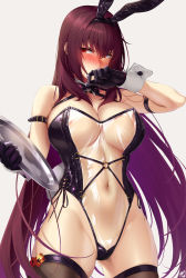 Rule 34 | 1girl, animal ears, areola slip, arm strap, black gloves, blush, breasts, covered mouth, covered navel, fake animal ears, fate/grand order, fate (series), gloves, hand up, highres, holding, holding tray, large breasts, leotard, long hair, looking to the side, meme attire, nose blush, o-ring, okitakung, playboy bunny, purple hair, rabbit ears, rabbit tail, red eyes, reverse bunnysuit, reverse outfit, scathach (fate), side-tie leotard, simple background, solo, tail, thighhighs, translucent bunnysuit, tray, v-shaped eyebrows, very long hair, white background, wrist cuffs