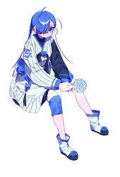 Rule 34 | 1girl, ado (utaite), ahoge, black bow, black bowtie, blue bow, blue eyes, blue flower, blue hair, blue rose, bow, bowtie, cloud nine inc, compression sleeve, flower, flower brooch, full body, hair over one eye, highres, holding, invisible chair, long hair, long sleeves, looking at viewer, merry (ado), niwatonira, readymade (ado), rose, shirt, sitting, solo, white footwear, white shirt