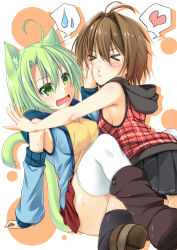 Rule 34 | &gt; &lt;, 2girls, animal ears, blush, brown hair, cat ears, cat tail, detached sleeves, dodome-iro mayonnaise, dodome mayo, closed eyes, fang, green eyes, green hair, hand on another&#039;s cheek, hand on another&#039;s face, heart, multiple girls, open mouth, original, plaid, pleated skirt, pushing away, sharon (dodomayo), short hair, skirt, sleeveless, sleeveless hoodie, spoken heart, spoken sweatdrop, sweatdrop, tail, thighhighs