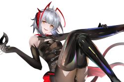 Rule 34 | + +, 1girl, absurdres, ahoge, ambience synesthesia, antenna hair, arknights, armpit crease, belt, belt buckle, black belt, black dress, black gloves, black thighhighs, breasts, brown pantyhose, buckle, chest belt, chest strap, cleavage, cleavage cutout, clothing cutout, commentary, crossed legs, demon girl, demon horns, demon tail, domino mask, dress, dyed ahoge, elbow gloves, eugle na, eyelashes, feet out of frame, from side, gloves, grey hair, hand on own leg, hands up, happy, hatching (texture), head tilt, high belt, highres, holding, holding mask, horns, invisible floor, knee up, knees, latex, latex thighhighs, leaning, leaning back, leather belt, legs, linear hatching, long sleeves, looking at viewer, looking to the side, mask, medium breasts, multiple belts, o-ring, official alternate costume, open mouth, outstretched arm, pantyhose, popped collar, red horns, red tail, see-through, see-through cleavage, shiny clothes, shiny legwear, short dress, short hair, simple background, single bare shoulder, single elbow glove, single sleeve, sitting, smile, solo, tail, teeth, thighhighs, thighs, torn clothes, torn pantyhose, two-sided dress, two-sided fabric, underbust, unworn mask, upper teeth only, w (arknights), w (wanted) (arknights), white background, yellow eyes