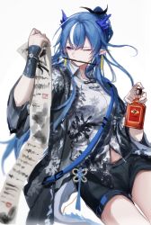 Rule 34 | 1girl, absurdres, alcohol, alternate costume, arknights, black shorts, blue eyes, blue hair, bottle, calligraphy brush, chinese clothes, chinese commentary, commentary request, earrings, highres, holding, holding bottle, jewelry, leaf print, ling (arknights), long hair, long sleeves, mouth hold, multicolored hair, one eye closed, paintbrush, pointy ears, print shirt, shirt, short shorts, shorts, simple background, sitting, solo, streaked hair, two-tone hair, very long hair, white background, white hair, wide sleeves, zuo daoxing