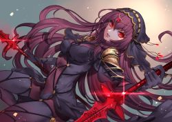 Rule 34 | 1girl, bodysuit, covered navel, fate/grand order, fate (series), floating hair, hair between eyes, holding, holding weapon, jigenn, long hair, looking at viewer, parted lips, polearm, purple hair, red eyes, scathach (fate), solo, spear, very long hair, weapon