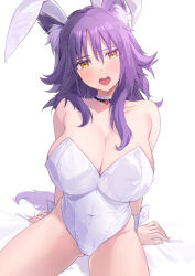 Rule 34 | 1girl, absurdres, animal ear fluff, animal ears, bare shoulders, blush, breasts, choker, cleavage, collarbone, covered navel, highleg, highleg leotard, highres, large breasts, leotard, looking at viewer, makoto (princess connect!), medium hair, open mouth, playboy bunny, princess connect!, purple hair, rabbit ears, sidelocks, sitting, tail, thighs, white leotard, wolf ears, wolf girl, wolf tail, wrist cuffs, yamabuki0, yellow eyes
