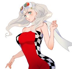 Rule 34 | 1girl, blush, breasts, collarbone, dress, goggles, goggles on head, green eyes, grey hair, head tilt, highres, kame misaki, long hair, looking at viewer, medium breasts, open hand, persona, persona 5, red dress, scarf, simple background, solo, strapless, strapless dress, takamaki anne, twintails, upper body, white background, white scarf