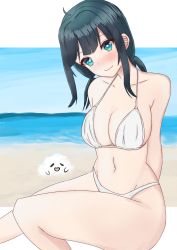 Rule 34 | 1girl, 3d background, absurdres, ahoge, amano nene (vtuber), angel, arms behind back, beach, bikini, blue eyes, blue hair, blush, breasts, cloud, fekahaj, heart, heart-shaped pupils, highres, large breasts, looking at viewer, low twintails, production kawaii, sand, sitting, smile, solo, swimsuit, symbol-shaped pupils, twintails, virtual youtuber, water