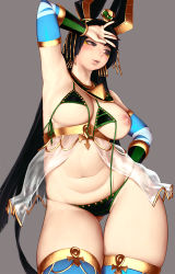Rule 34 | 1girl, armpits, bikini, black bikini, black hair, breasts, brown eyes, detached sleeves, egyptian clothes, envenomist (gengoroumaru), grey background, highres, large breasts, long hair, lucent heart, nipples, parted lips, plump, simple background, skindentation, solo, swimsuit, thick thighs, thigh gap, thighs, very long hair