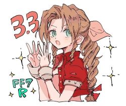 Rule 34 | aerith gainsborough, bracelet, brown hair, commentary, copyright name, cropped jacket, cropped torso, dress, final fantasy, final fantasy vii, final fantasy vii remake, finger counting, from side, green eyes, hair ribbon, jacket, jewelry, long hair, looking to the side, nocoyaki, open clothes, open jacket, open mouth, parted bangs, pink dress, pink ribbon, ponytail, red jacket, ribbon, sidelocks, solo, sparkle, upper body, wavy hair, white background