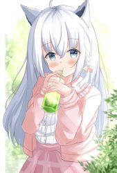 Rule 34 | 1girl, animal ears, blurry, blurry background, blush, braid, cardigan, commentary request, cup, drinking, drinking straw, fox ears, fox girl, green eyes, hair between eyes, highres, holding, holding cup, hololive, ice, ice cube, kanti15, long hair, looking at viewer, pink cardigan, pink skirt, shirakami fubuki, shirt, sidelocks, single braid, skirt, solo, virtual youtuber, white hair, white shirt