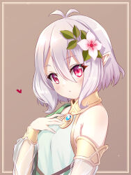 Rule 34 | 1girl, antenna hair, armpit crease, bare shoulders, blush, breasts, brown background, commentary, double-parted bangs, dress, eyelashes, flower, glint, grey hair, hair between eyes, hair flower, hair ornament, hand up, heart, highres, kokkoro (princess connect!), leaf hair ornament, looking at viewer, nyan c, parted lips, pointy ears, princess connect!, red eyes, short hair, simple background, small breasts, solo, upper body, white dress, white flower