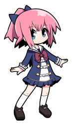 Rule 34 | 1girl, blue bow, blue dress, blue eyes, blush, bow, brown footwear, commentary request, dress, frilled dress, frills, full body, hair between eyes, hair bow, high ponytail, kneehighs, original, osaragi mitama, pink hair, ponytail, red bow, sailor collar, sailor dress, shoes, sidelocks, simple background, socks, solo, standing, white background, white sailor collar, white socks