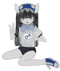 Rule 34 | 1boy, :d, black buruma, black hair, blue footwear, buruma, collared shirt, double v, frilled hairband, frilled shirt collar, frills, full body, grey shirt, gym shirt, gym uniform, hairband, highres, hougetsu (moon neetcat), long hair, looking at viewer, male focus, mars symbol, open mouth, original, shirt, shoes, short sleeves, simple background, sitting, smile, sneakers, solo, trap, v, wariza, white background, wing hair ornament